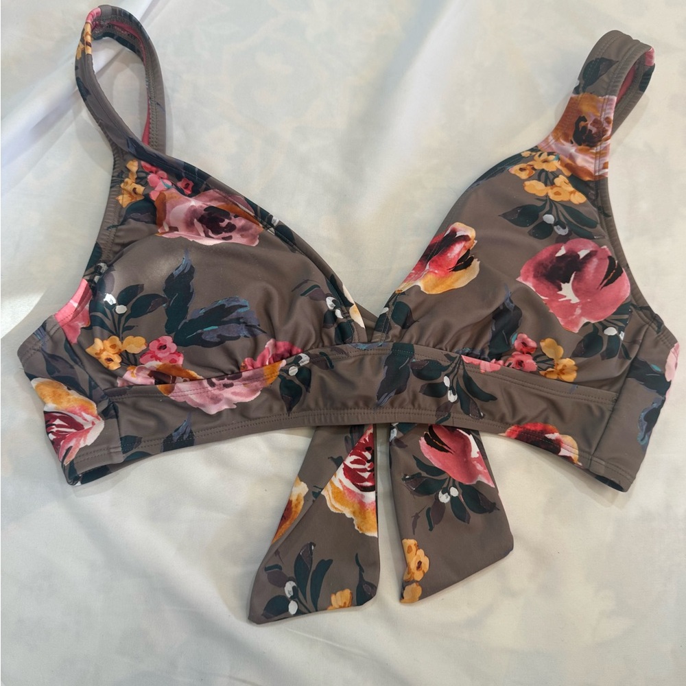 326 Shade & Shore Floral Bikini Top Brown Pink Yellow Back Tie Swim Top Large